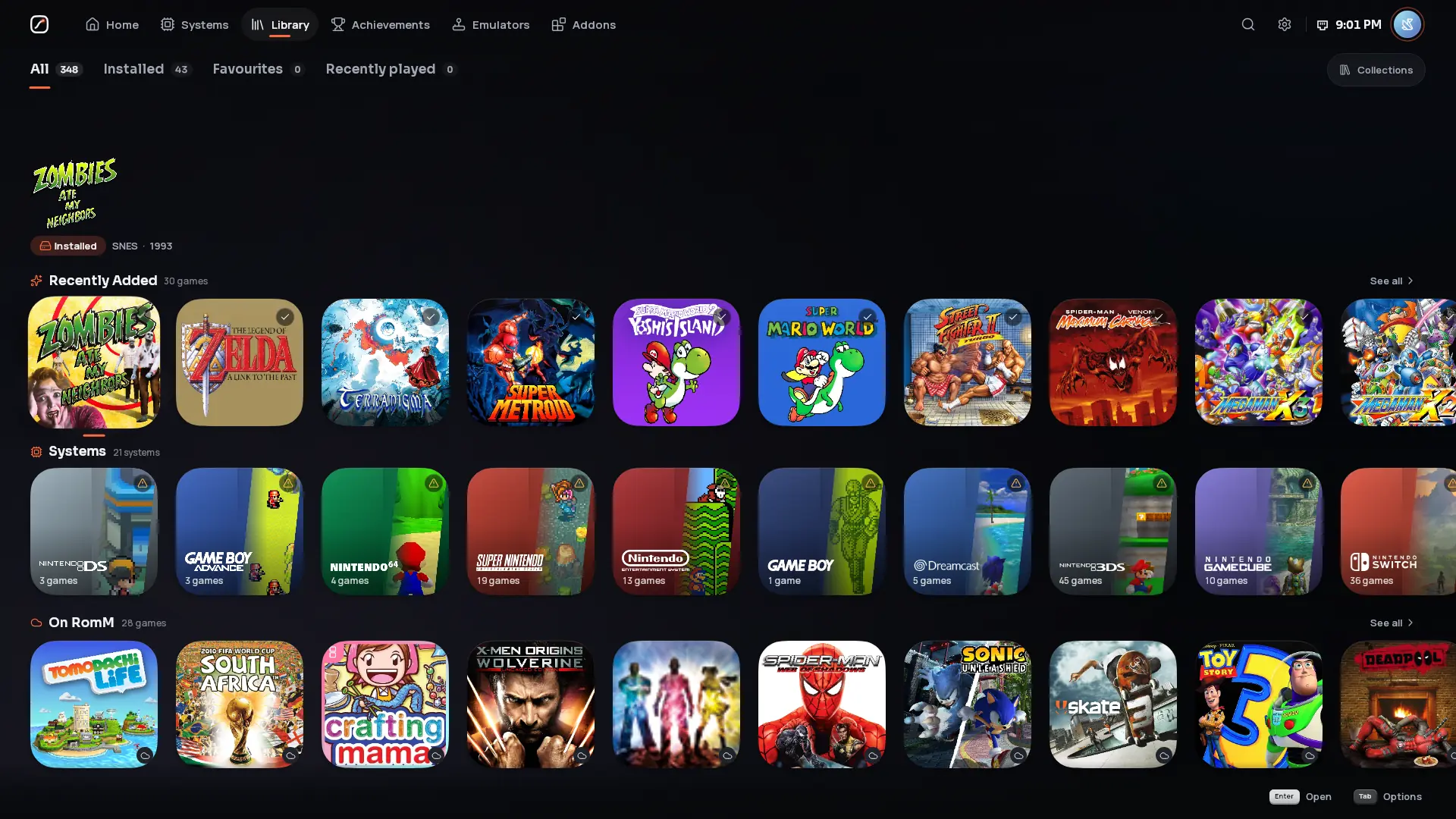 Fuse's Library, All: Zombies Ate My Neighbors in focus above shelves of recently added games, systems and games on RomM